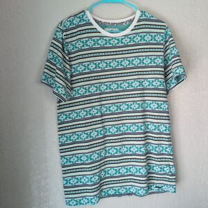 On The Byas Mens Large Short Sleeve Geometric Aztec Print Green Blue Shirt